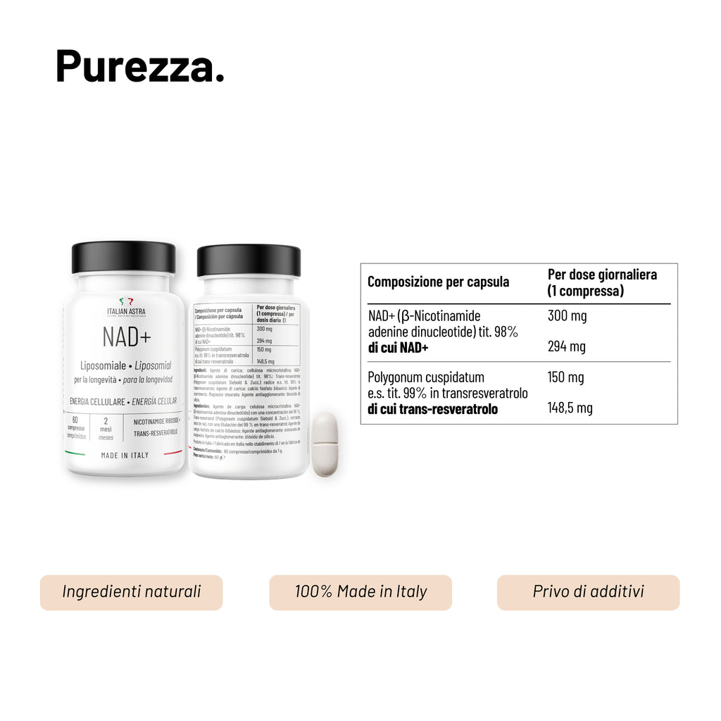 NAD+ Liposomiale 300 mg | Antiage, Energia cellulare, Fatica | 60 Compresse  | NAD+ Liposomiale 300 mg | Formula Avanzata con Trans-resveratrolo | Antiage, Contro la Fatica, Longevità| Made in Italy