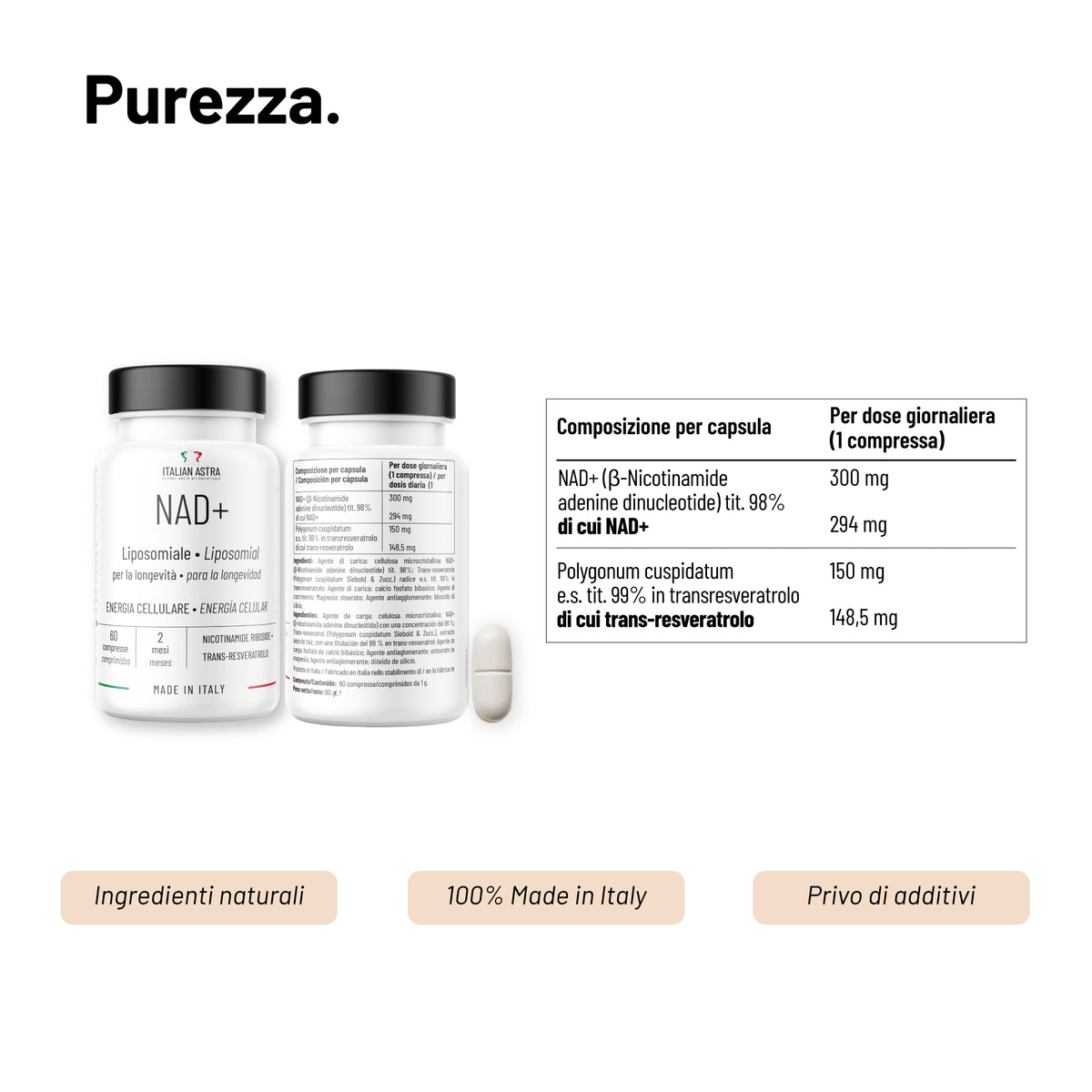 NAD+ Liposomiale 300 mg | Antiage, Energia cellulare, Fatica | 60 Compresse  | NAD+ Liposomiale 300 mg | Formula Avanzata con Trans-resveratrolo | Antiage, Contro la Fatica, Longevità| Made in Italy