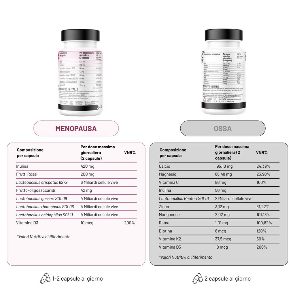 Kit Integratore Menopausa ProVamp + Integratore Ossa - Supporto per Vampate, Sudorazione Notturna, Salute delle Ossa - con Vitamina D3, K2 e Probiotici - 2 Prodotti Made in Italy