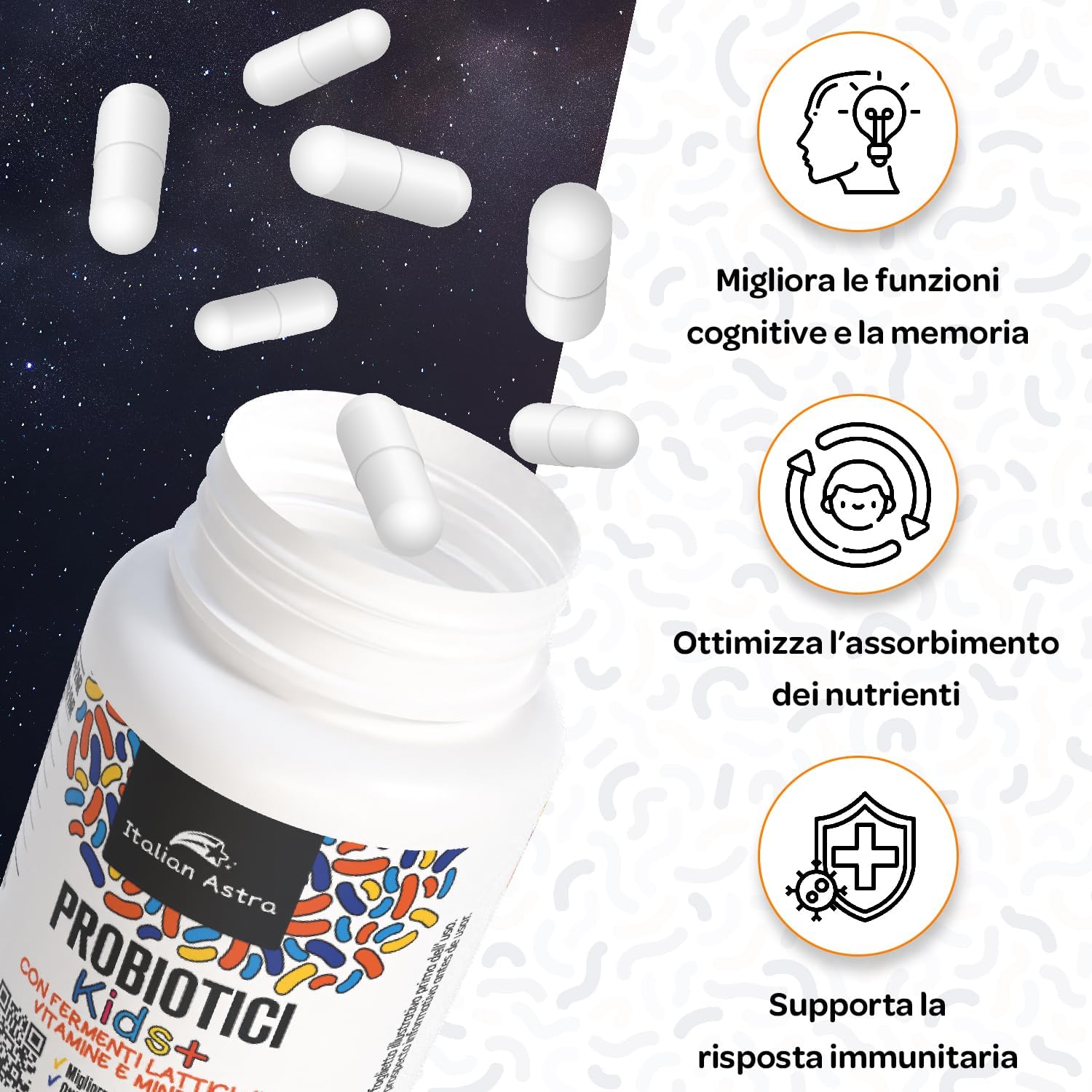 DAI RICERCATORI AI CONSUMATORI, Fermenti Lattici Probiotici per Bambini, Capsule Apribili e Scioglibili in Acqua/Succo/Latte, + Vitamina C, Vitamina D e Ferro - 60 Capsule 2 Mesi