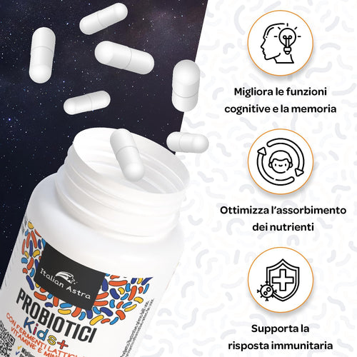 DAI RICERCATORI AI CONSUMATORI, Fermenti Lattici Probiotici per Bambini, Capsule Apribili e Scioglibili in Acqua/Succo/Latte, + Vitamina C, Vitamina D e Ferro - 60 Capsule 2 Mesi