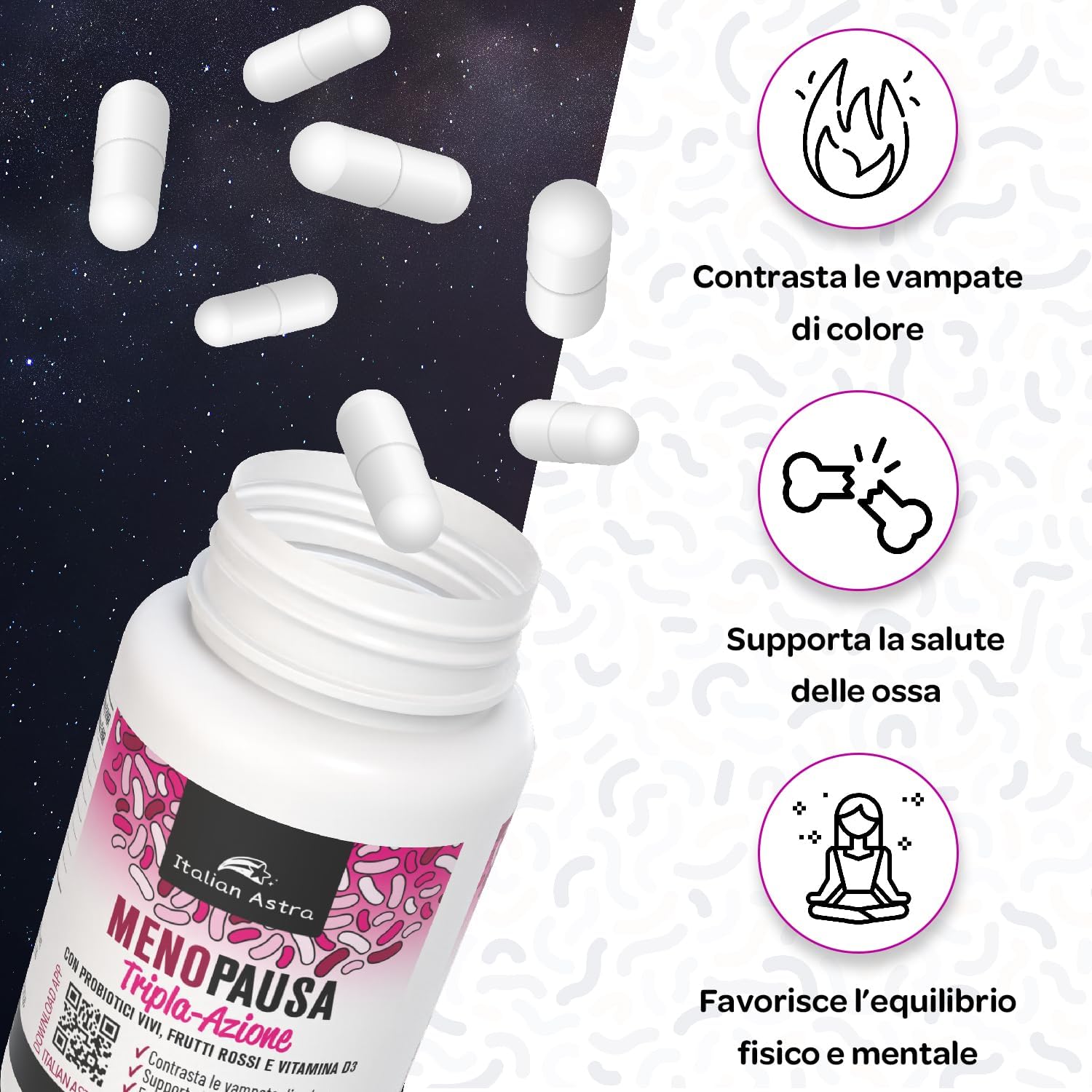 Integratore Menopausa Completo con Probiotici Lactobacillus Gasseri, Lactobacillus Crispatus - Equilibrio Vaginale e Intestinale, Vampate di Calore, Controllo del Peso - 60 Capsule 2 Mesi