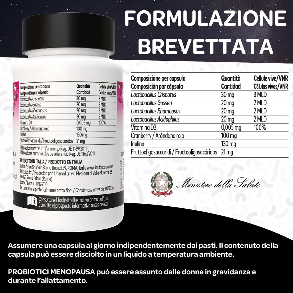 Integratore Menopausa Completo con Probiotici Lactobacillus Gasseri, Lactobacillus Crispatus - Equilibrio Vaginale e Intestinale, Vampate di Calore, Controllo del Peso - 60 Capsule 2 Mesi