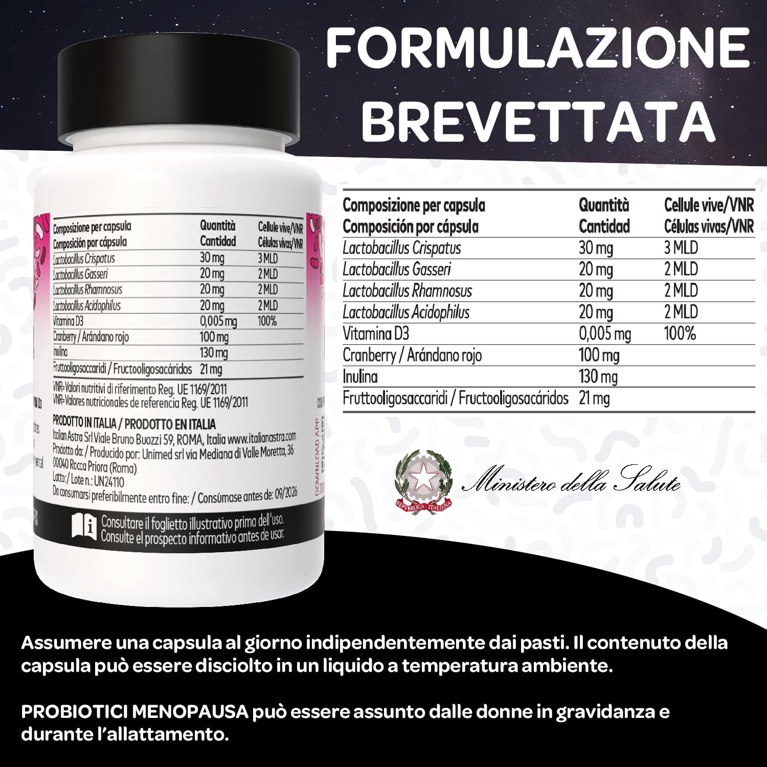 Integratore Menopausa Completo con Probiotici Lactobacillus Gasseri, Lactobacillus Crispatus - Equilibrio Vaginale e Intestinale, Vampate di Calore, Controllo del Peso - 60 Capsule 2 Mesi