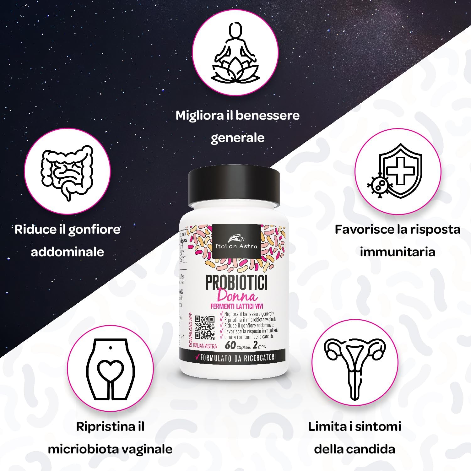 DALLE RICERCATRICI PER LE DONNE, Probiotici Donna Flora Intima, Gonfiore Addominale, Colon Irritabile, Candida, Cistite e Vaginosi, Fermenti Lattici Donna Intimo, Enzimi Digestivi - 60 Capsule 2 Mesi