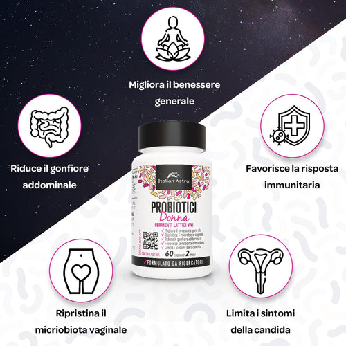 DALLE RICERCATRICI PER LE DONNE, Probiotici Donna Flora Intima, Gonfiore Addominale, Colon Irritabile, Candida, Cistite e Vaginosi, Fermenti Lattici Donna Intimo, Enzimi Digestivi - 60 Capsule 2 Mesi