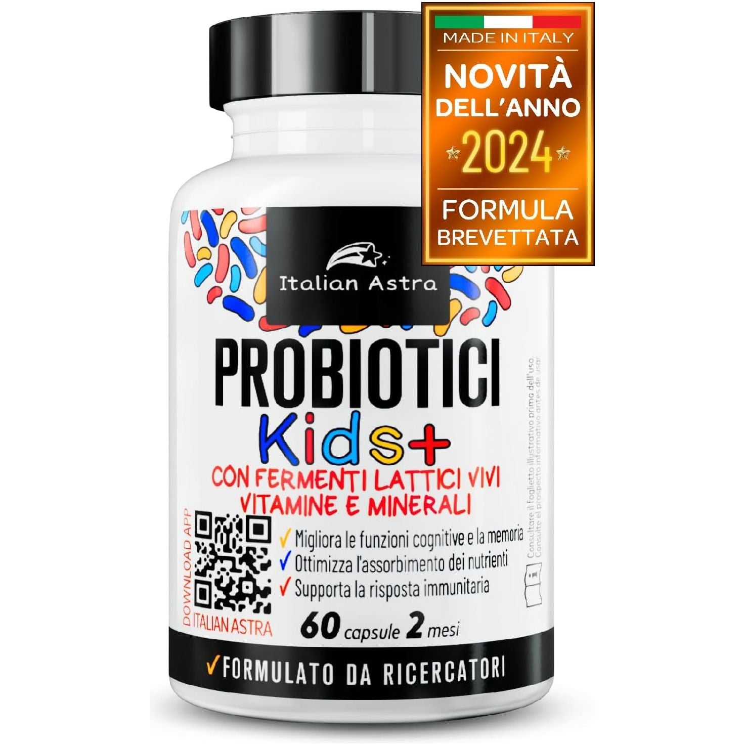 DAI RICERCATORI AI CONSUMATORI, Fermenti Lattici Probiotici per Bambini, Capsule Apribili e Scioglibili in Acqua/Succo/Latte, + Vitamina C, Vitamina D e Ferro - 60 Capsule 2 Mesi