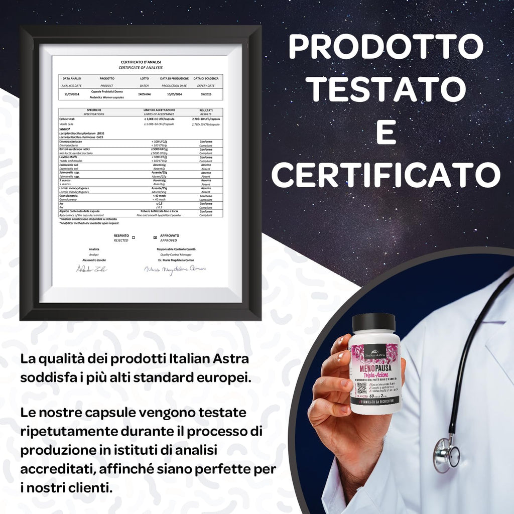 Integratore Menopausa Completo con Probiotici Lactobacillus Gasseri, Lactobacillus Crispatus - Equilibrio Vaginale e Intestinale, Vampate di Calore, Controllo del Peso - 60 Capsule 2 Mesi