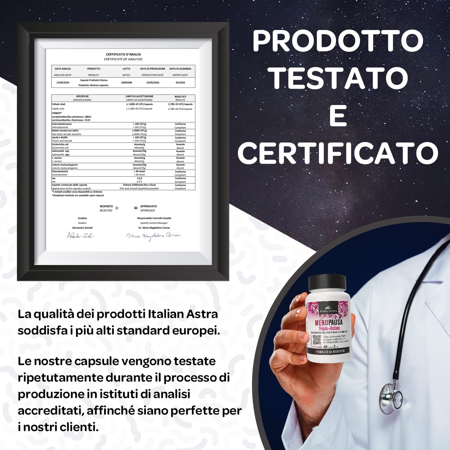 Integratore Menopausa Completo con Probiotici Lactobacillus Gasseri, Lactobacillus Crispatus - Equilibrio Vaginale e Intestinale, Vampate di Calore, Controllo del Peso - 60 Capsule 2 Mesi