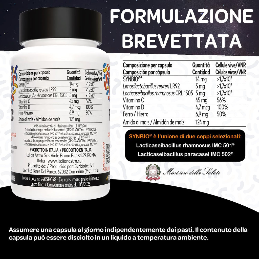 DAI RICERCATORI AI CONSUMATORI, Fermenti Lattici Probiotici per Bambini, Capsule Apribili e Scioglibili in Acqua/Succo/Latte, + Vitamina C, Vitamina D e Ferro - 60 Capsule 2 Mesi