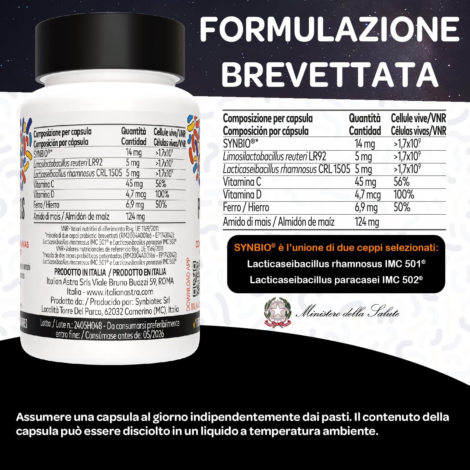 DAI RICERCATORI AI CONSUMATORI, Fermenti Lattici Probiotici per Bambini, Capsule Apribili e Scioglibili in Acqua/Succo/Latte, + Vitamina C, Vitamina D e Ferro - 60 Capsule 2 Mesi