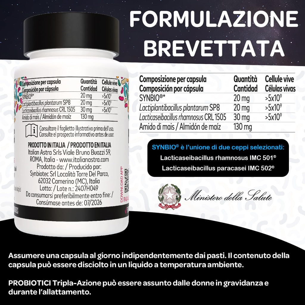 Fermenti Lattici Probiotici - Lactobacillus Rhamnosus e Lactobacillus Plantarum - Tripla Azione per Intestino, Colon Irritabile, Difese Immunitarie, Enzimi Digestivi - 60 Capsule 2 Mesi